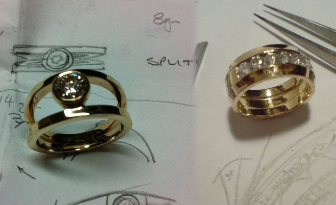Bespoke gold ring designs as part of Andrew's jewellery work
